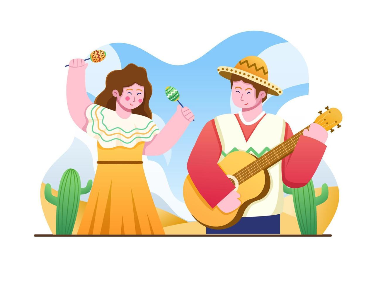 ilustración del festival cinco de mayo con un joven y una mujer felices tocando música y bailando. se puede utilizar para tarjetas de felicitación, postales, afiches, invitaciones, pancartas, web, redes sociales, etc. vector