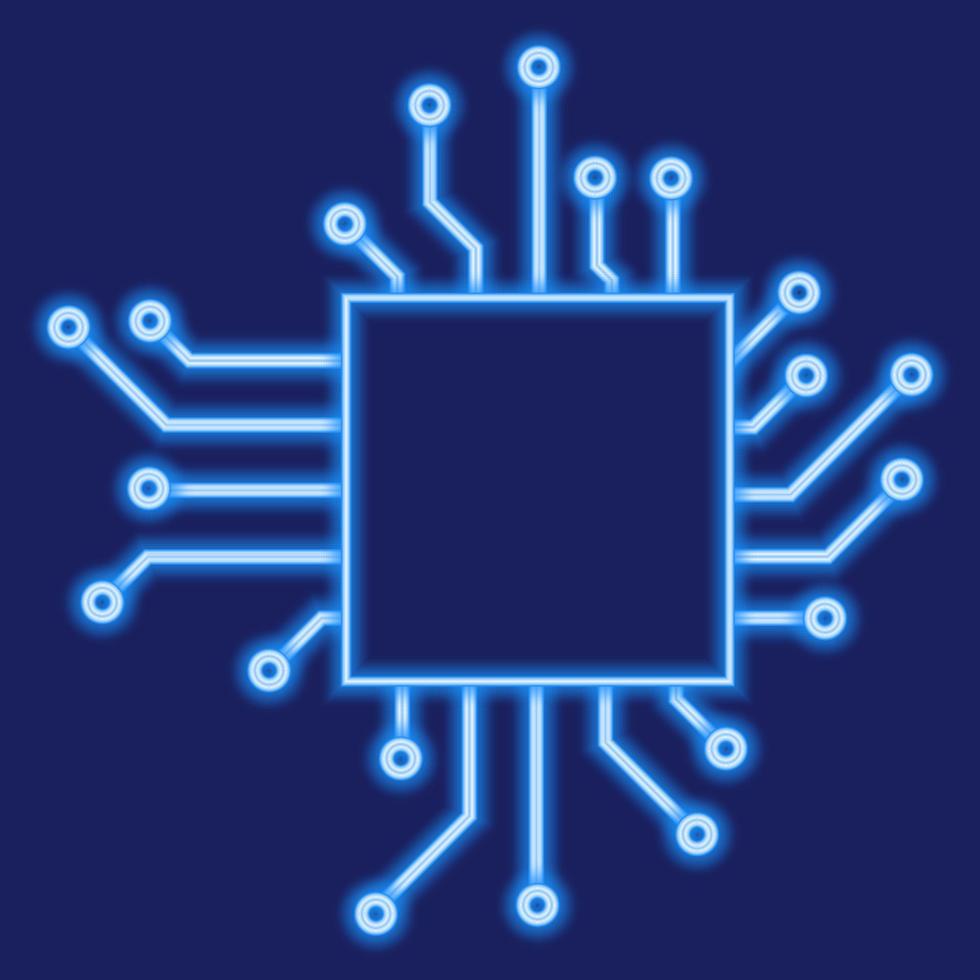 ilustración de microprocesador. apariencia del microcontrolador. electrónica. elemento de diseño de neón. vector