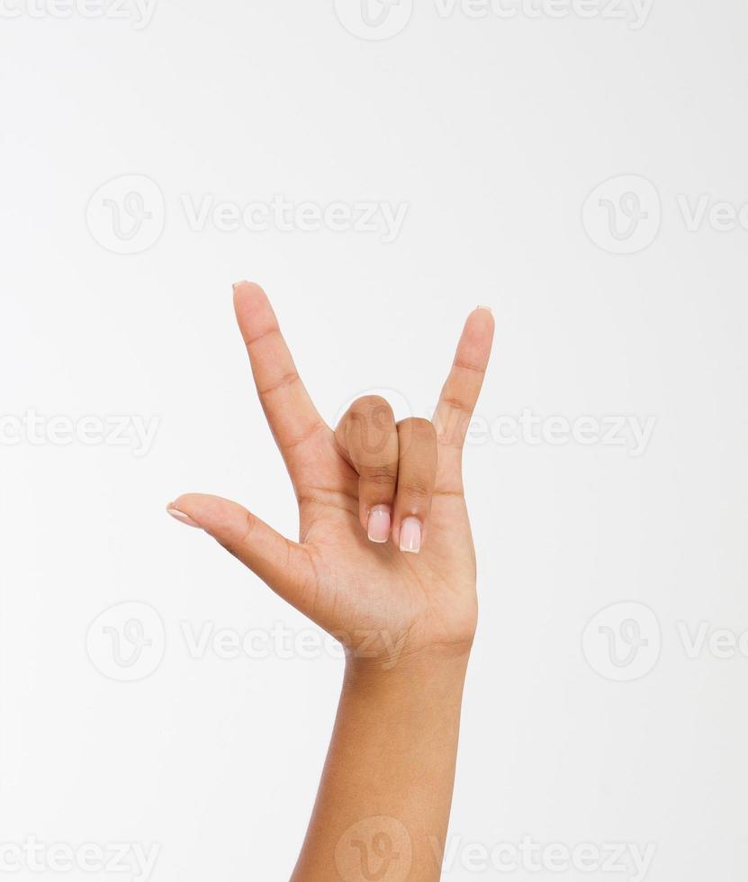 Hand making the heavy metal isolated white background. afro american hand. Mock up. Copy space. Template. Blank. photo