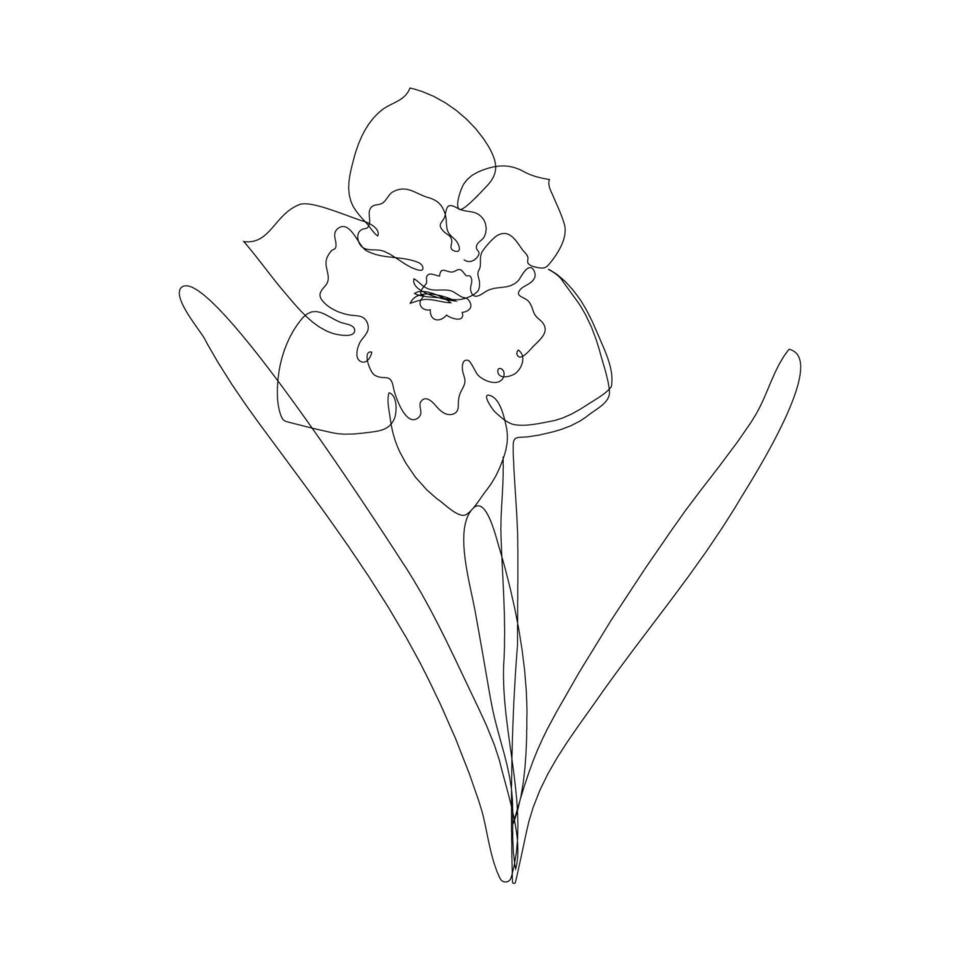 Continuous one simple single abstract line drawing of daffodil flower icon in silhouette on a white background. Linear stylized. Vector illustration.