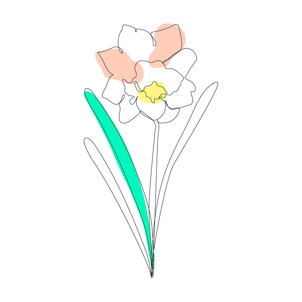Continuous one simple single abstract line drawing of daffodil flower icon in silhouette on a white background. Linear stylized. Vector illustration.