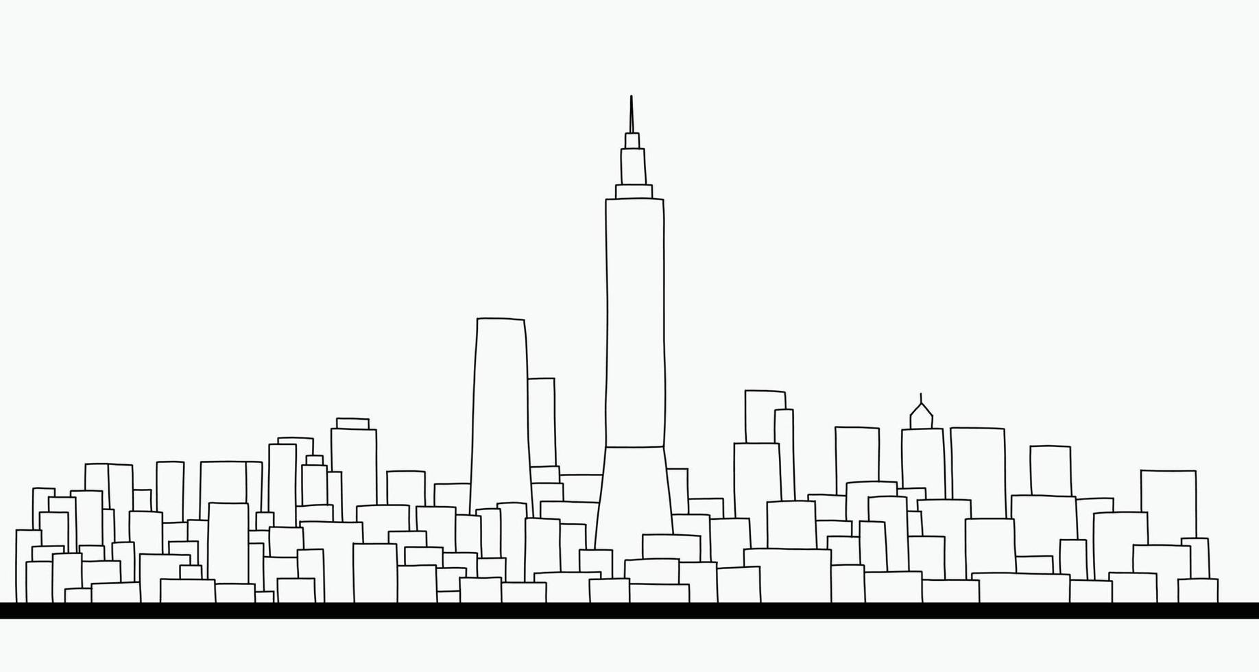 Modern cityscape skyline outline doodle drawing on white background. vector