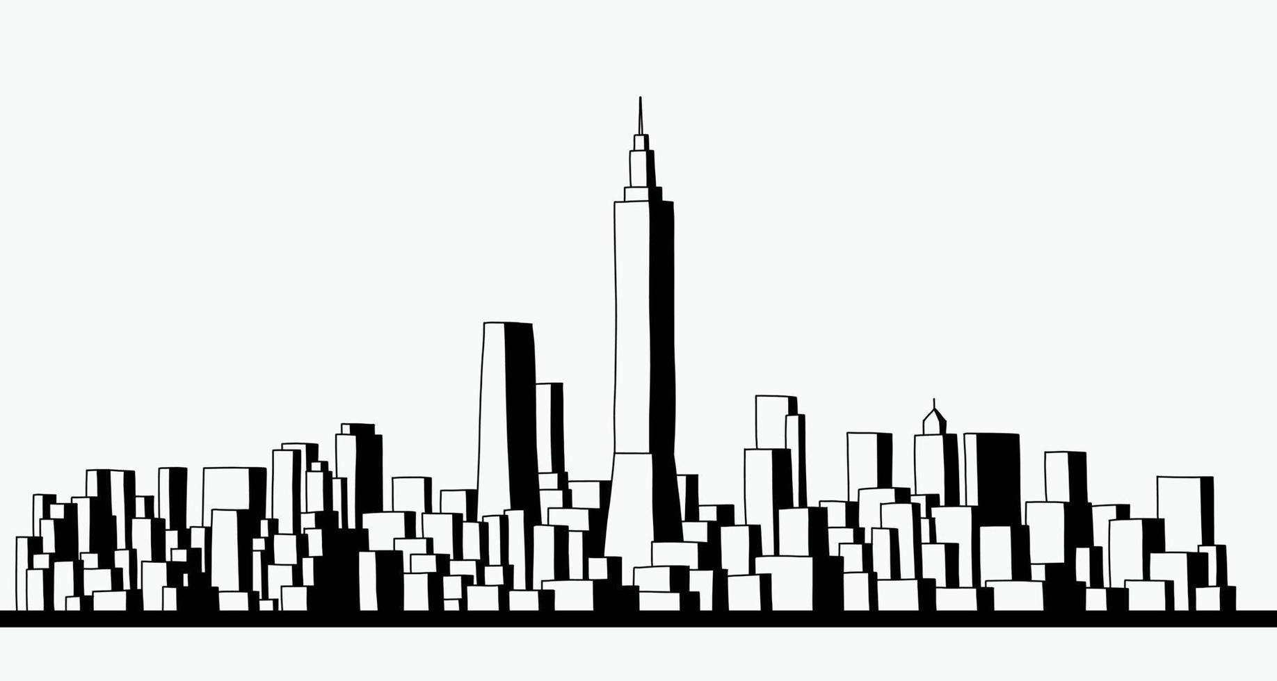 Modern cityscape skyline outline doodle drawing on white background. vector