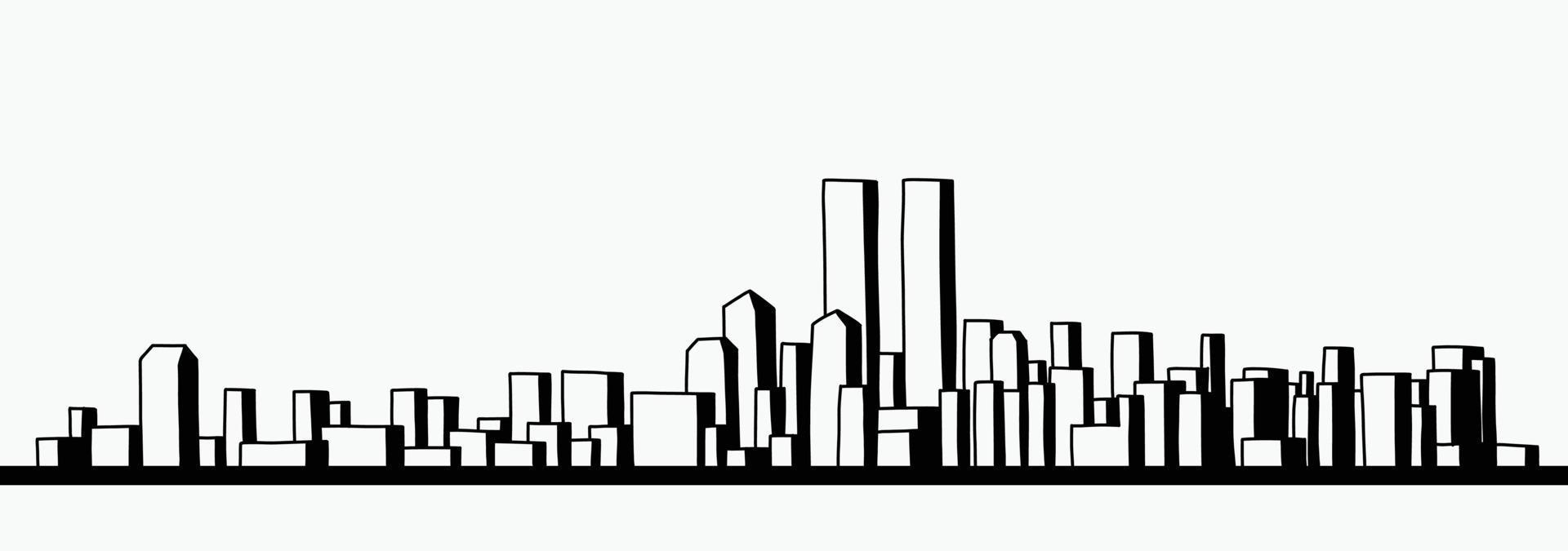 Modern cityscape skyline outline doodle drawing on white background. vector