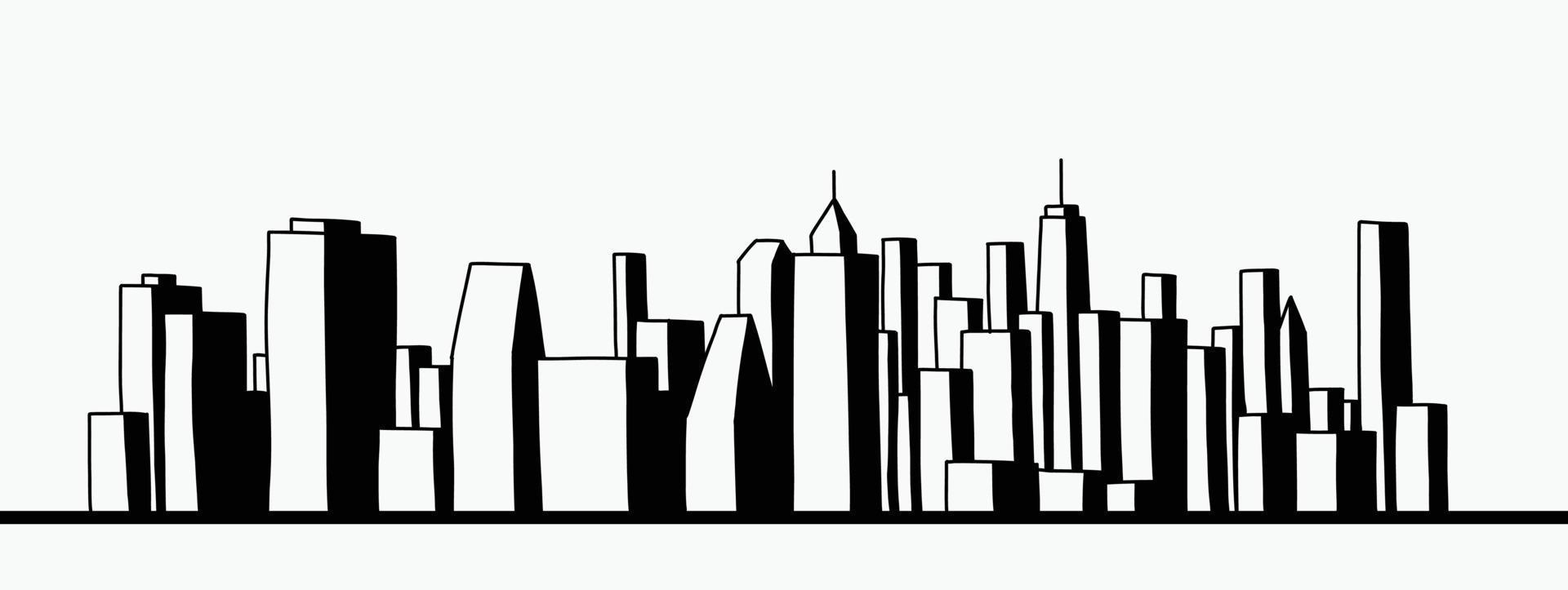 Modern cityscape skyline outline doodle drawing on white background. vector