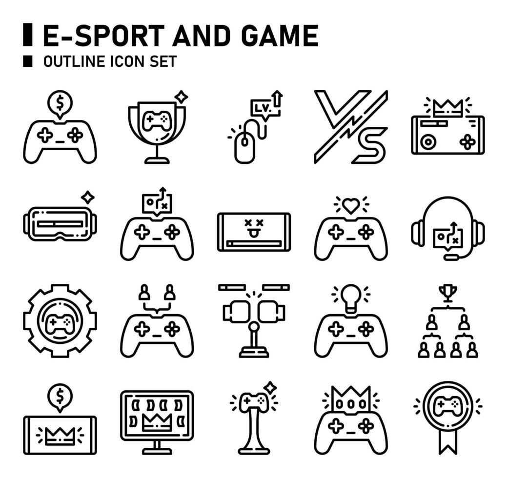 e-sport y conjunto de iconos de esquema de juego. conjunto de iconos de deportes electrónicos. vector