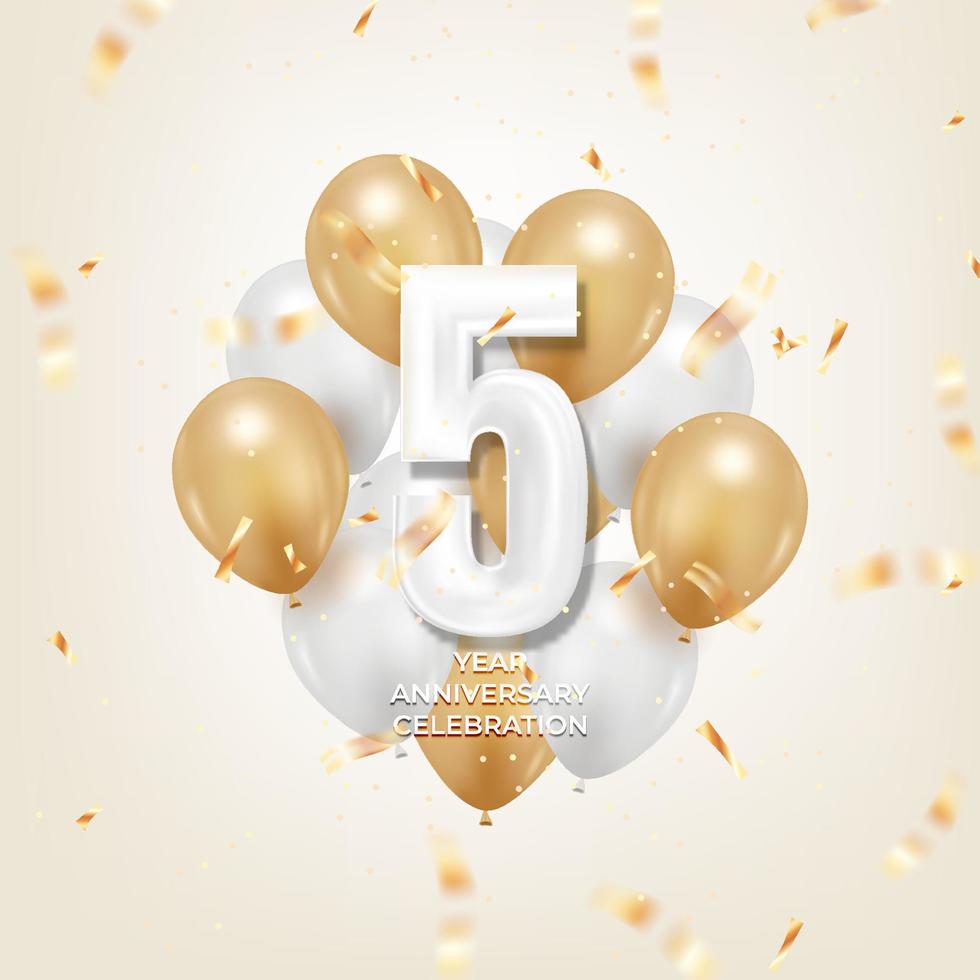 5 year anniversary greeting card design with realistic balloon, confetti. vector illustration.