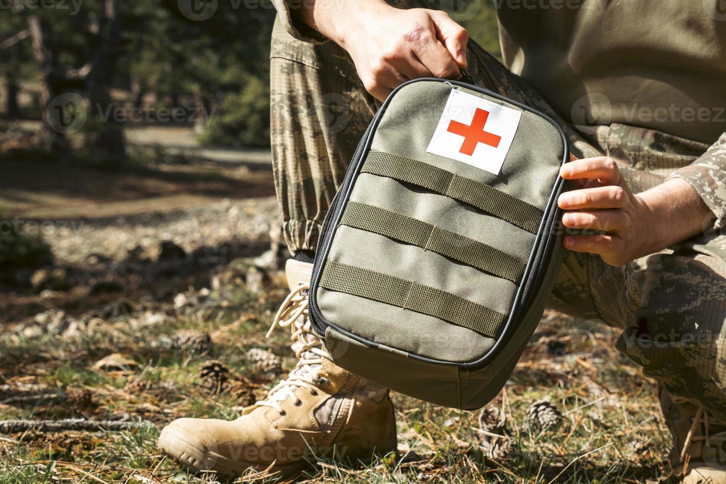 Military army first aid kit. Camouflaged soldier medic. photo