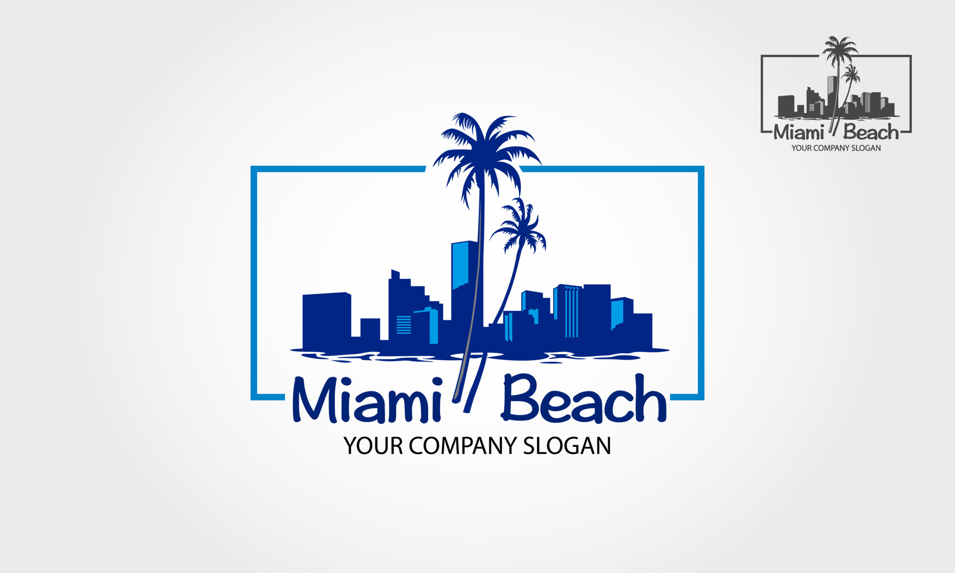 Miami beach vector logo in silhouette style with beach, palm tree and
