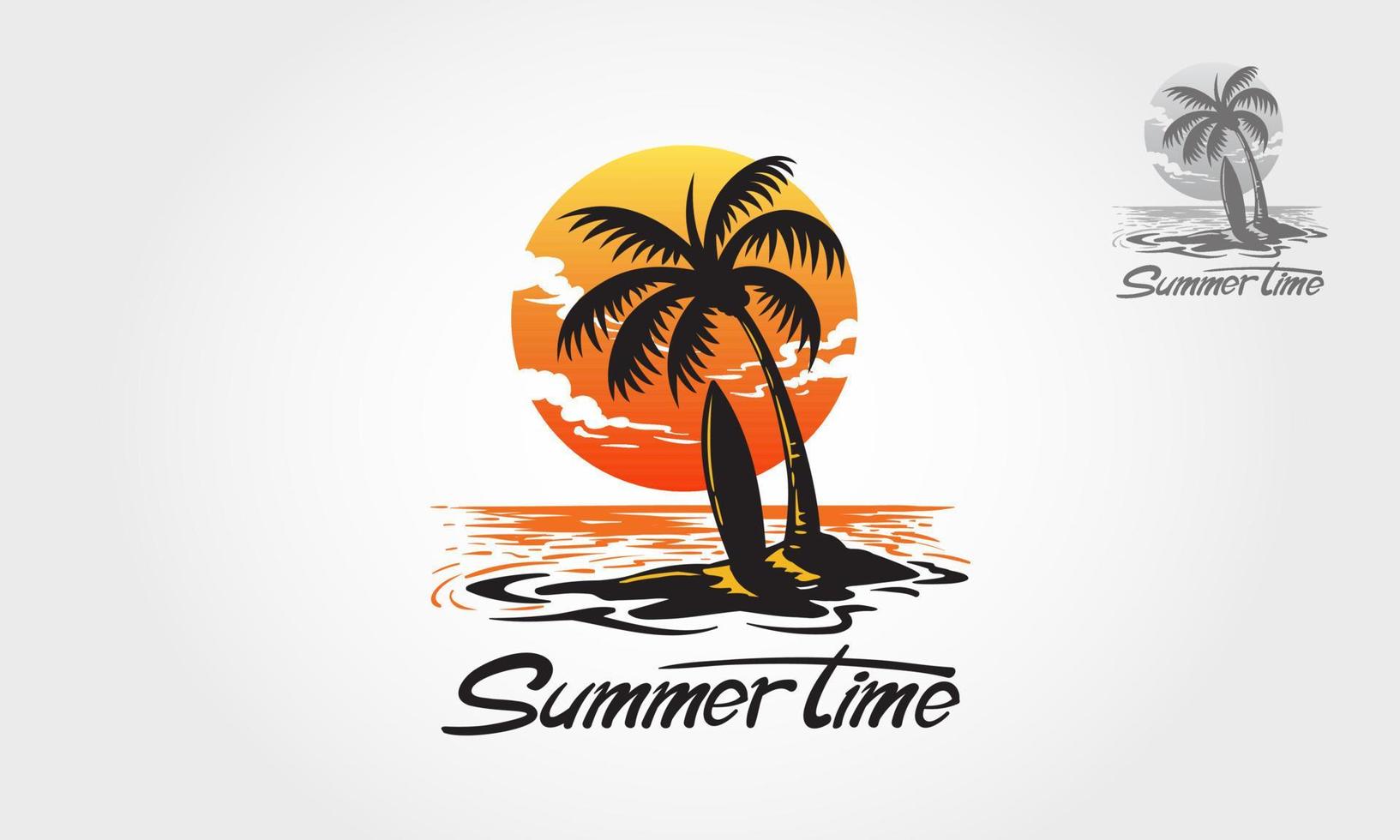 ilustración de logotipo de vector de horario de verano. olas de agua con sol, palmeras y playa, para restaurante y hotel. El logotipo de palm beach es totalmente personalizable, se puede editar fácilmente para adaptarlo a sus necesidades.