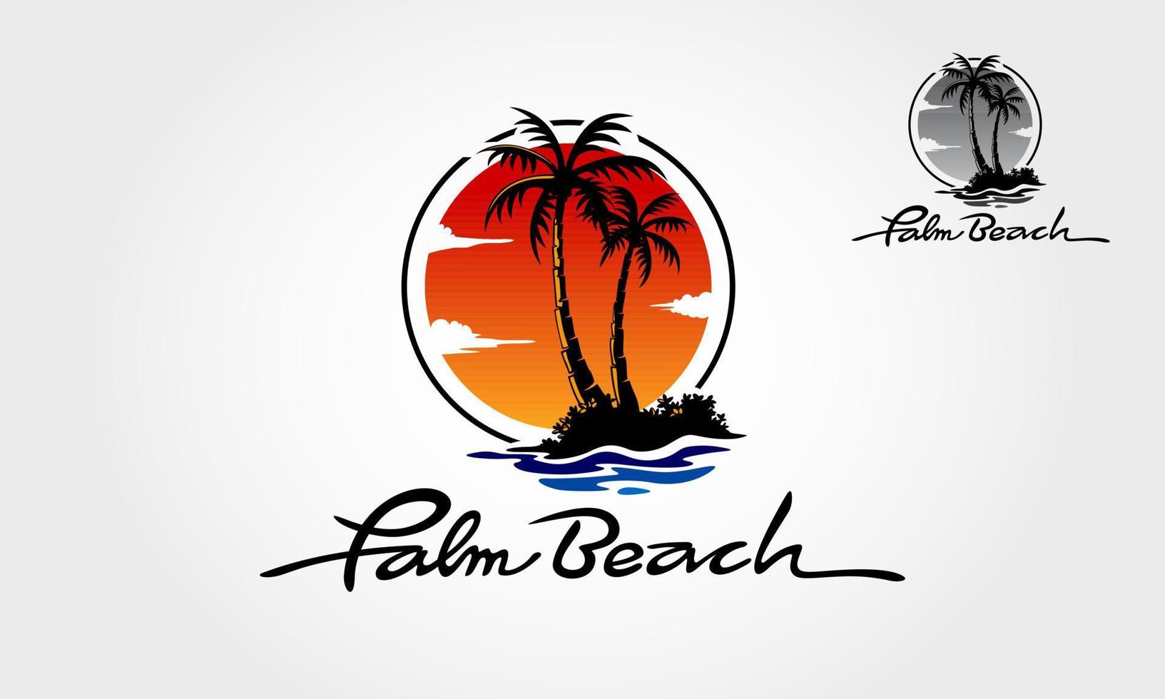 Palm Beach Logo Template. Water ocean waves with sun, palm tree and beach, for restaurant and hoteling. Palm Beach logo is fully customizable, it can be easily edit to fit your needs. vector