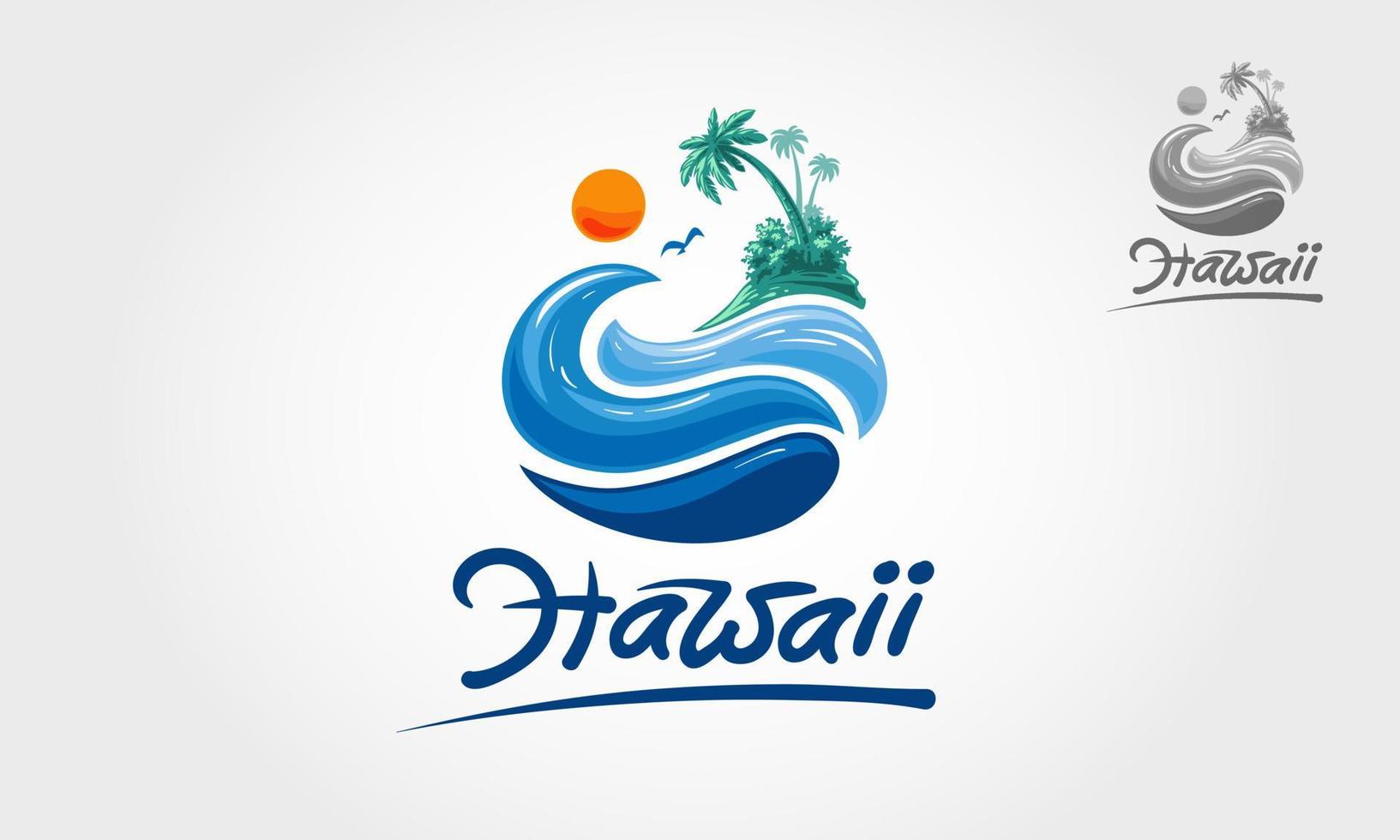 plantilla de logotipo vectorial hawaiano. olas de agua con sol, palmeras y playa, para restaurante y hotel. vector