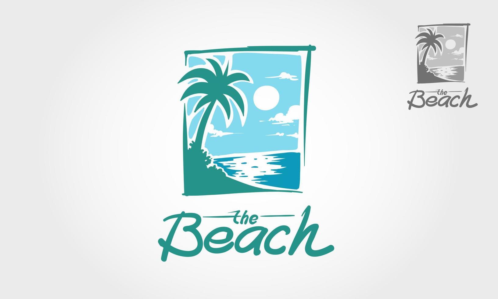 la plantilla de logotipo de vector de playa. logotipo panorámico ilustrado para club de ocio, café temático tropical, agencia de viajes, lugar de ocio.