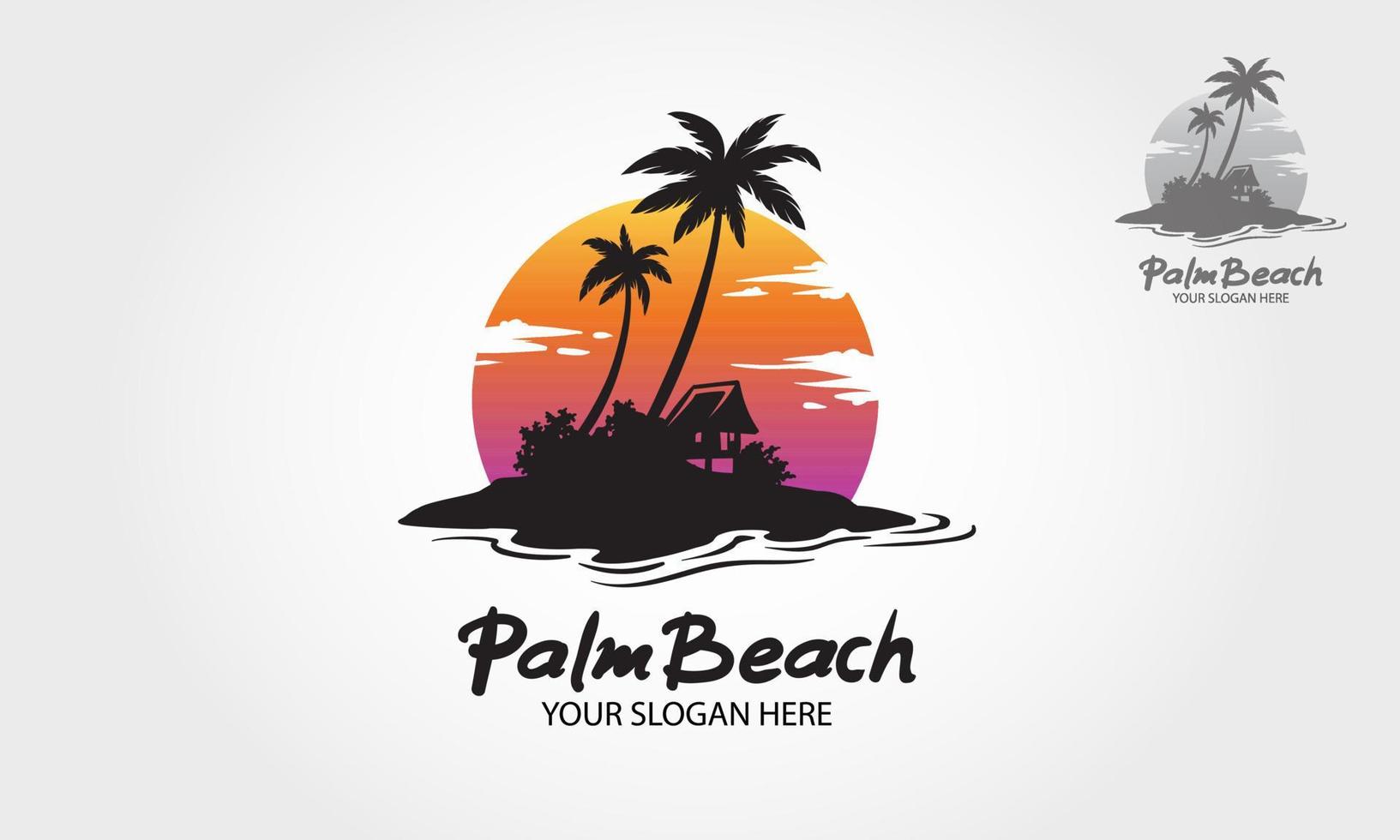 ilustración del logotipo de la playa de palmeras. olas de agua con sol, palmeras y playa, para restaurante y hotel. vector