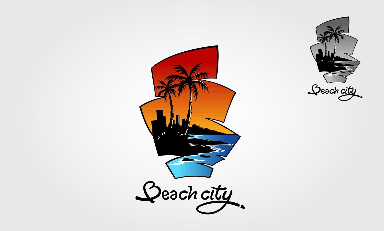 plantilla de logotipo de vector de ciudad de playa. agua olas del océano con edificio, ciudad, construcción, sol, palmera y playa, para vacaciones, restaurante y hotelería. El logotipo de Beach City es totalmente personalizable.