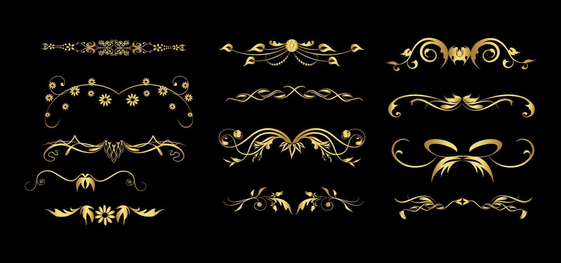 Set of gold dividers. Abstract curly headers, design element set. Golden design elements on the black background. Luxury style calligraphic. Vector