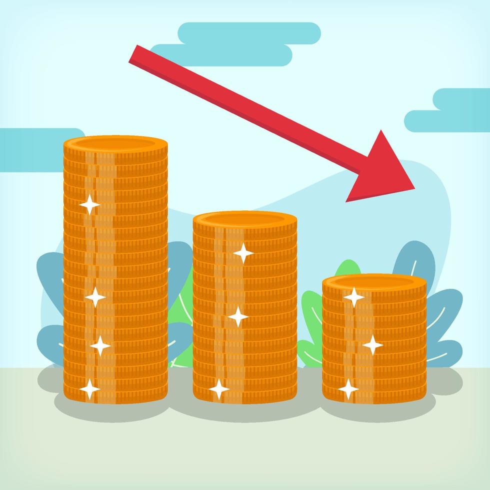 Stacked Golden Coins with Bearish Arrow Down Illustration Design Concept vector
