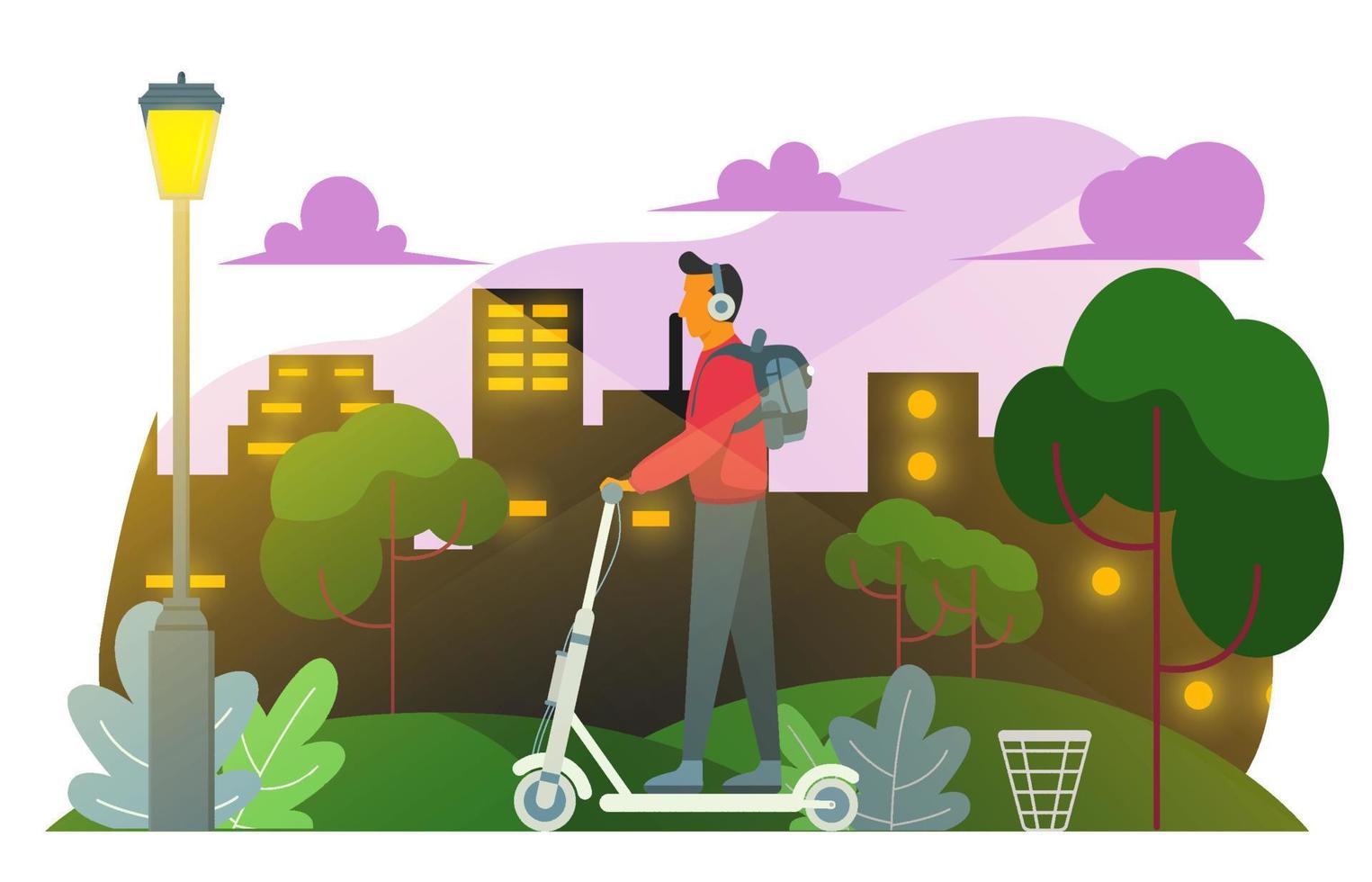 Man with Headphones Riding A Scooter at Night in A City Park Illustration Design vector