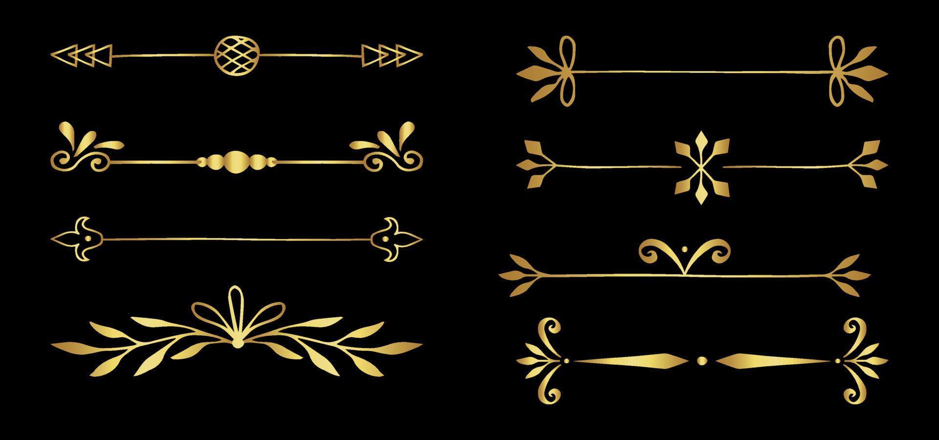 golden filigree dividers. Ornate swirl borders. Vector isolated gold fancy separators. Classic