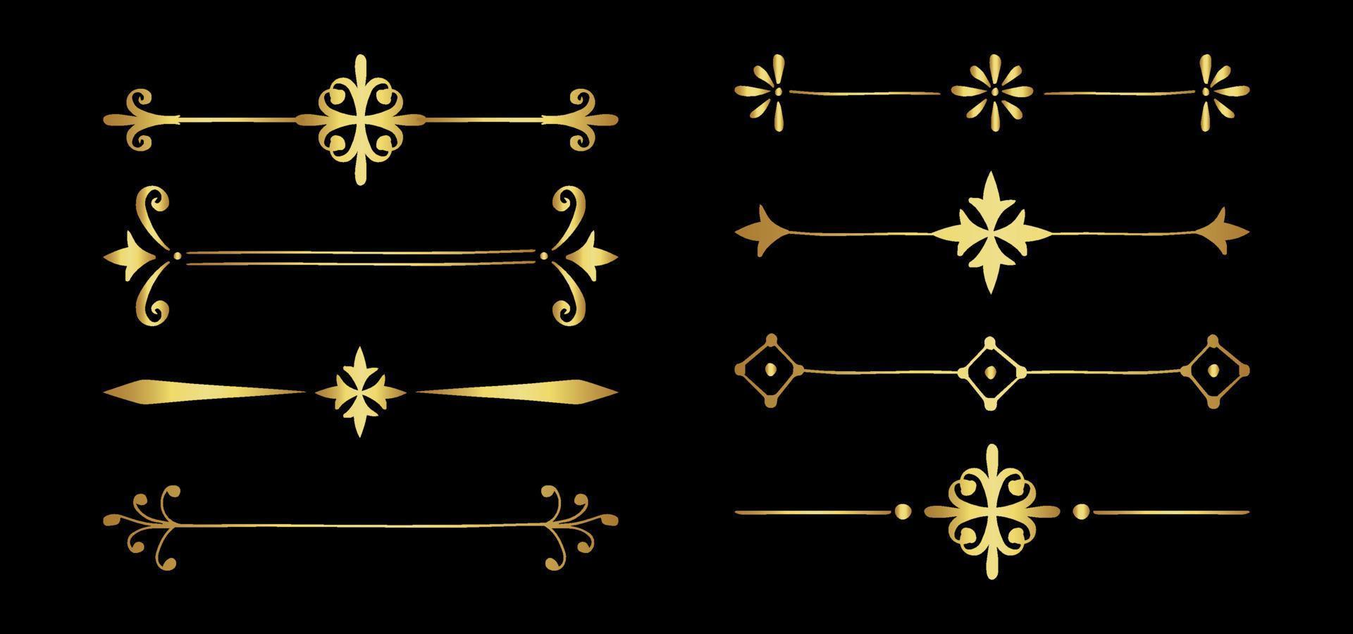 golden filigree dividers. Ornate swirl borders. Vector isolated gold fancy separators. Classic wedding invitation calligraphic lines