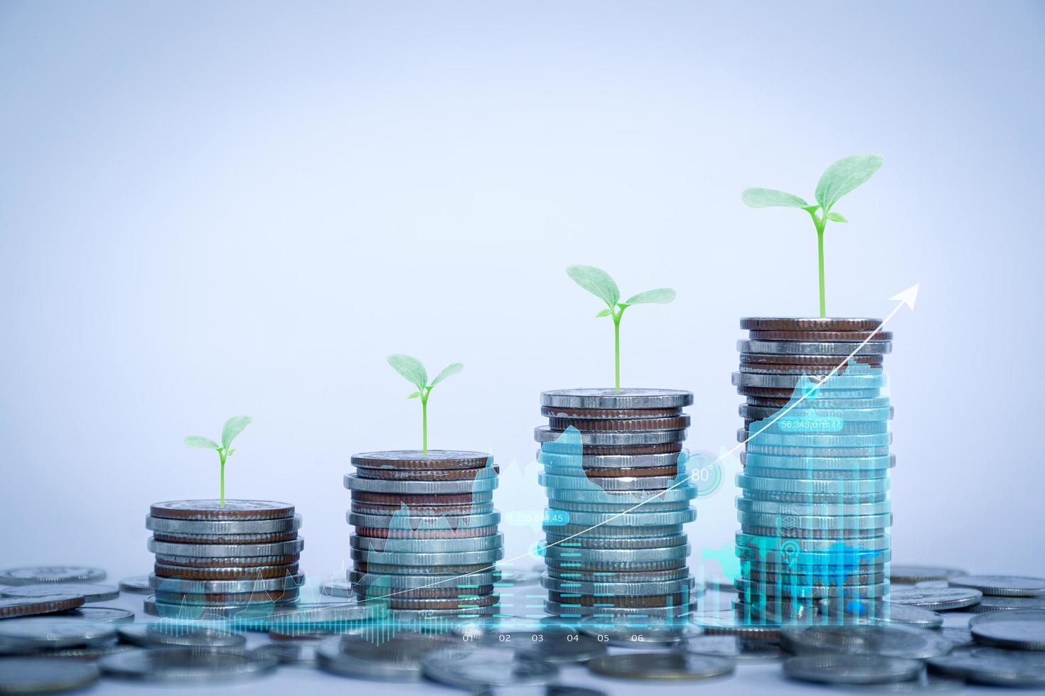 Row of coins for business background, money savings and accounts, bank finance. business concept idea, investments, funds, dividends, financial transactions, trees growing on coins, business growth. photo