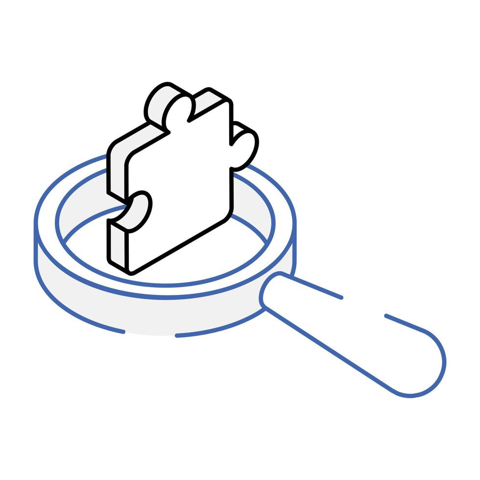 Jigsaw and magnifier, outline isometric icon of problem solution vector