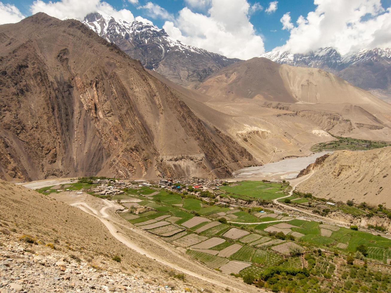 An aerial view of the village of Kagbeni in the Kali Gandaki valley between high, barren mountains of the cold desert landscape of Upper Mustang in the Nepal Himalaya. photo