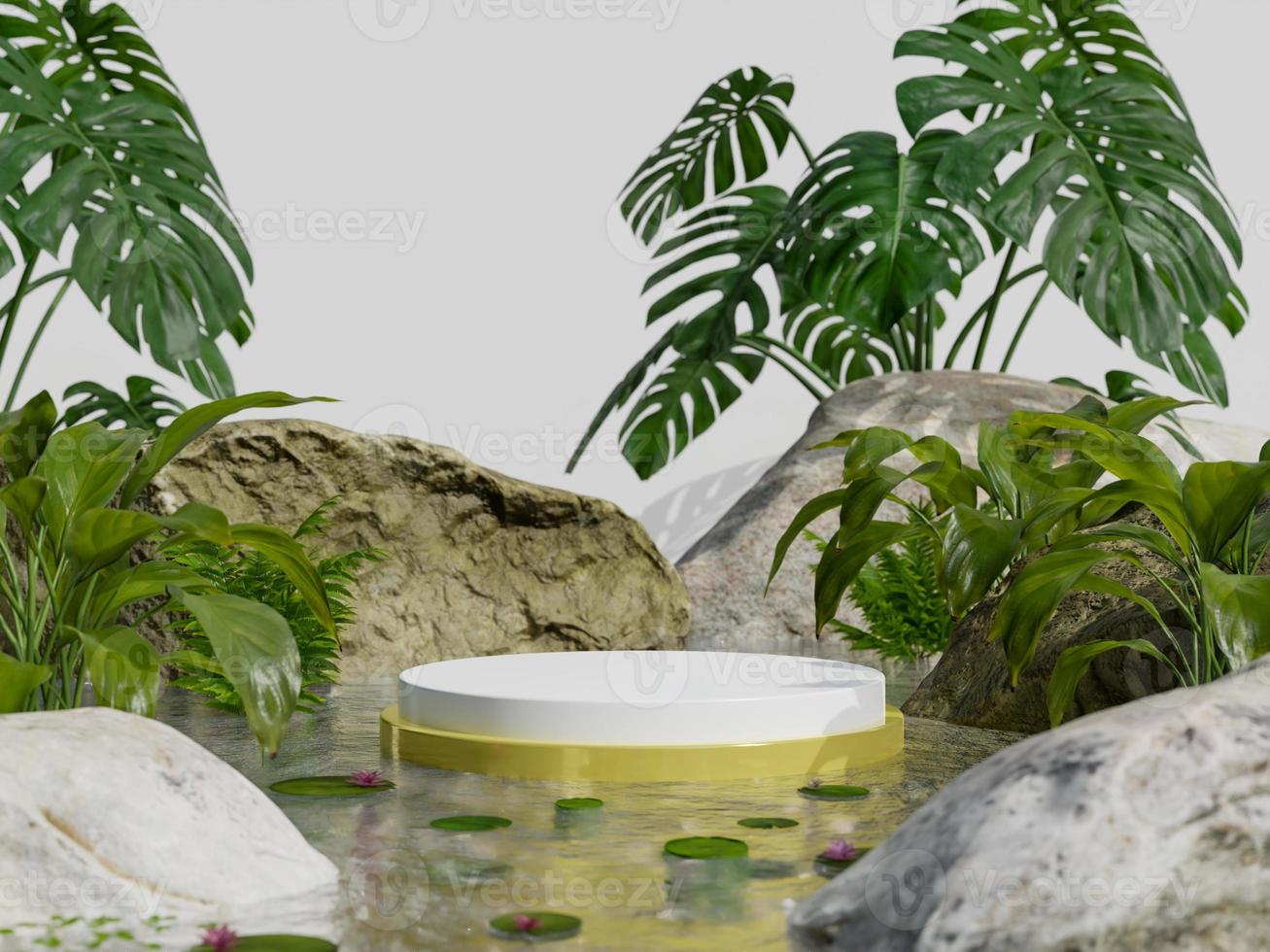 3d Rendering Realistic Natural pond Rock podium with a product presentation 3d render Background With Tree photo