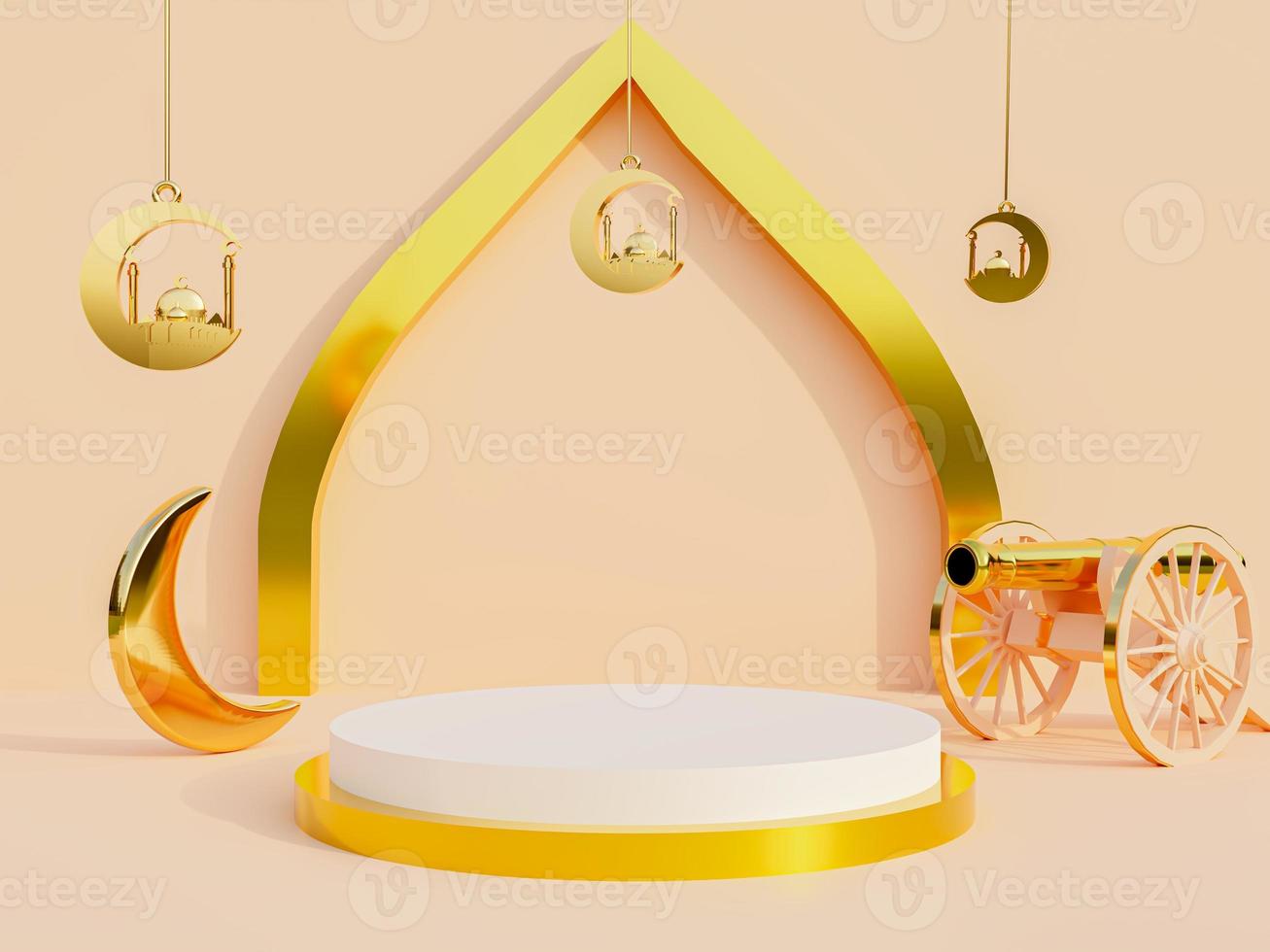 3d Rendering  Yellow podium with a product presentation for Muslim Religious Ramadan and EID Festival Background photo