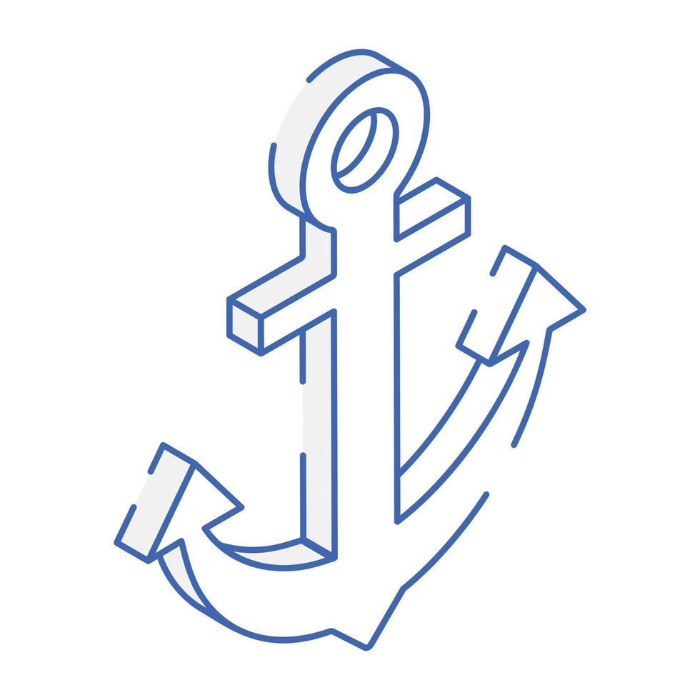 Nautical tool, icon of ship anchor in outline isometric style vector