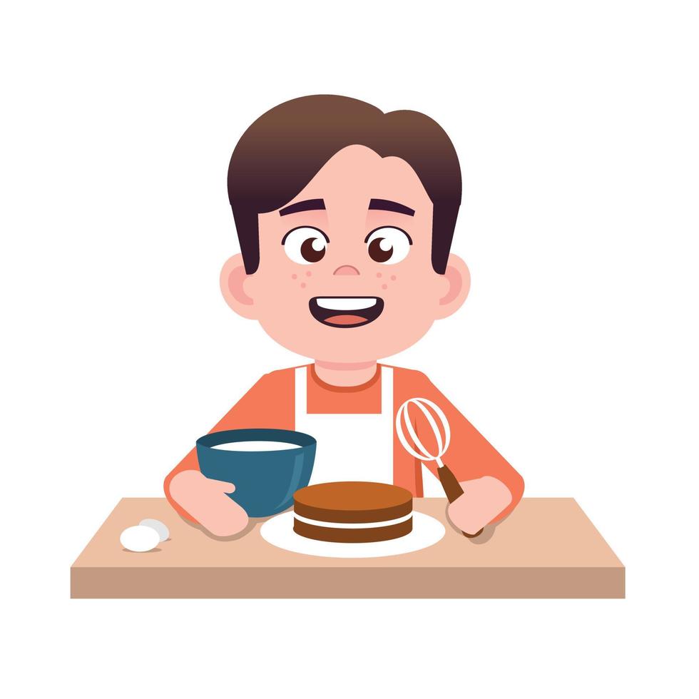 niño feliz cocinando un pastel de cumpleaños vector