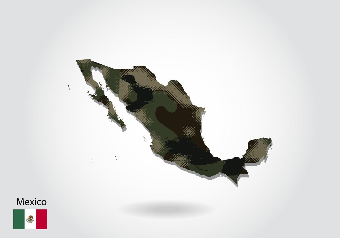 mapa de méxico con patrón de camuflaje, bosque - textura verde en el mapa. concepto militar para ejército, soldado y guerra. escudo de armas, bandera. vector