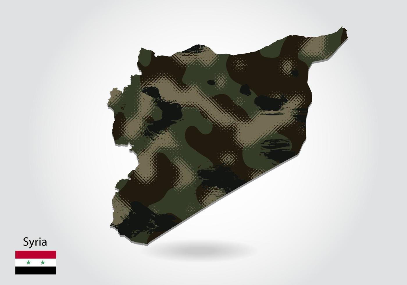 mapa de siria con patrón de camuflaje, bosque - textura verde en el mapa. concepto militar para ejército, soldado y guerra. escudo de armas, bandera. vector