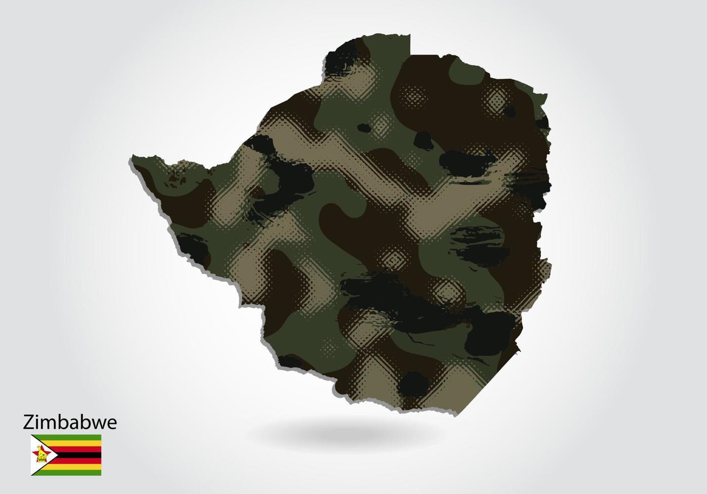 mapa de zimbabwe con patrón de camuflaje, bosque - textura verde en el mapa. concepto militar para ejército, soldado y guerra. escudo de armas, bandera. vector