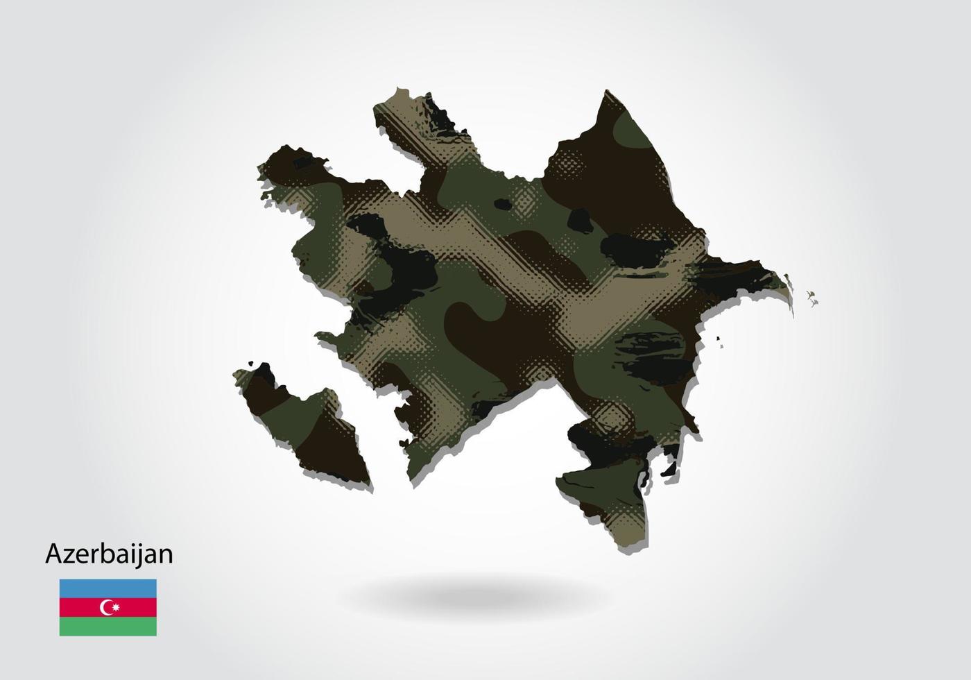 mapa de azerbaiyán con patrón de camuflaje, textura verde bosque en el mapa. concepto militar para ejército, soldado y guerra. escudo de armas, bandera. vector