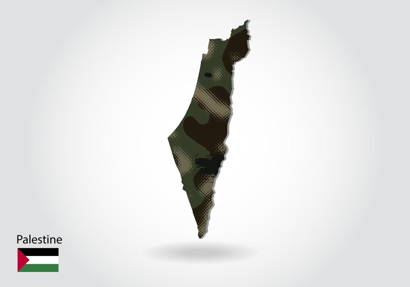 mapa de palestina con patrón de camuflaje, bosque - textura verde en el mapa. concepto militar para ejército, soldado y guerra. escudo de armas, bandera. vector