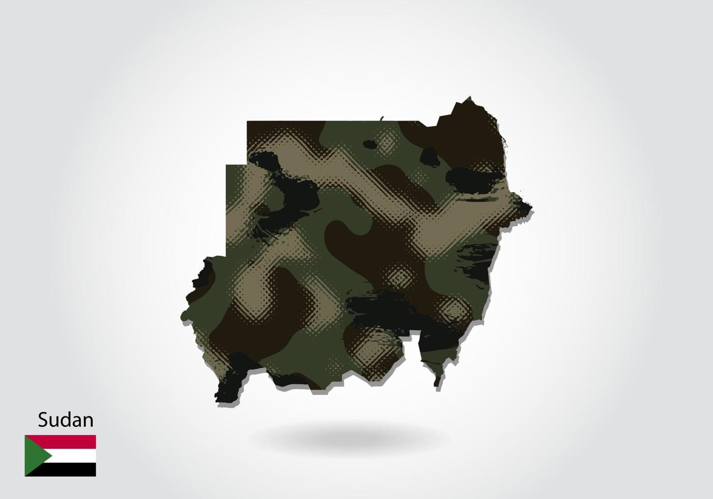 Sudan map with camouflage pattern, Forest - green texture in map. Military concept for army, soldier and war. coat of arms, flag. vector