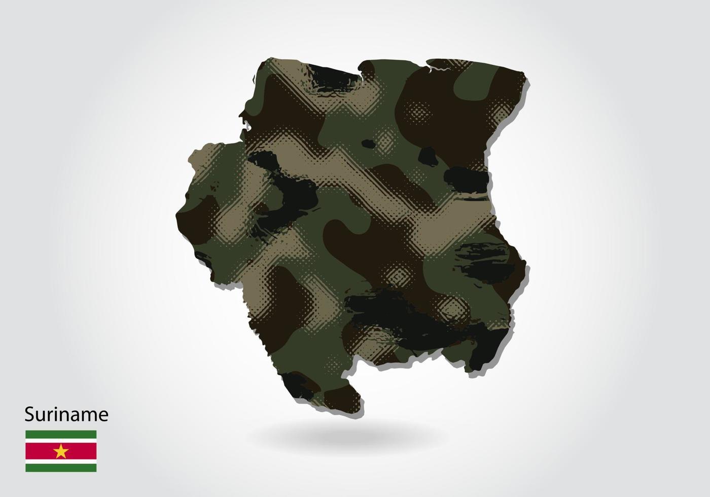 Suriname map with camouflage pattern, Forest - green texture in map. Military concept for army, soldier and war. coat of arms, flag. vector