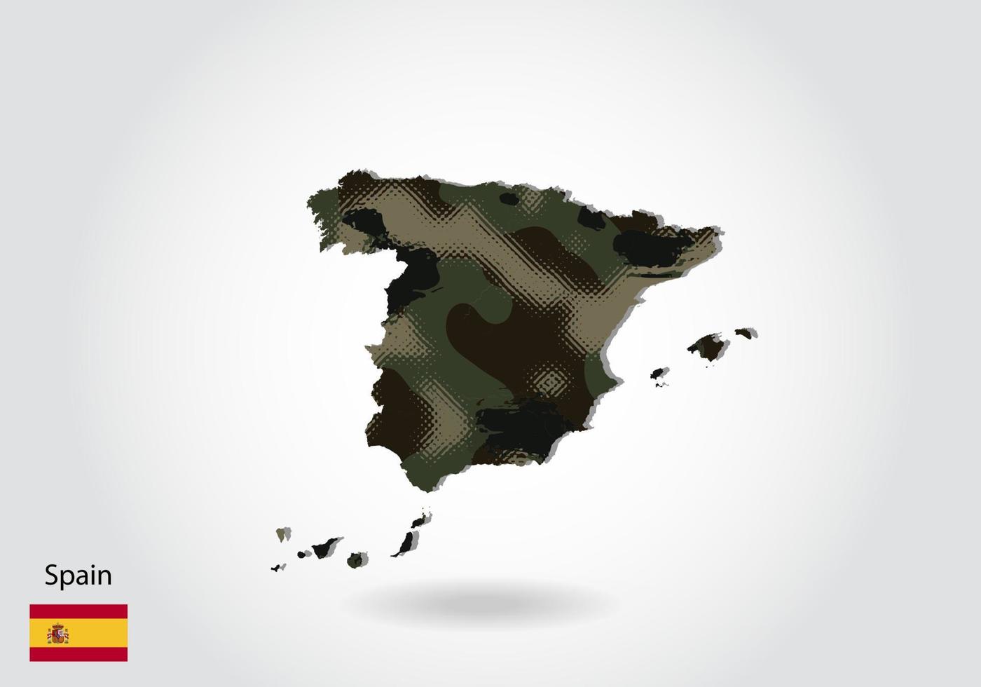 mapa de españa con patrón de camuflaje, bosque - textura verde en el mapa. concepto militar para ejército, soldado y guerra. escudo de armas, bandera. vector