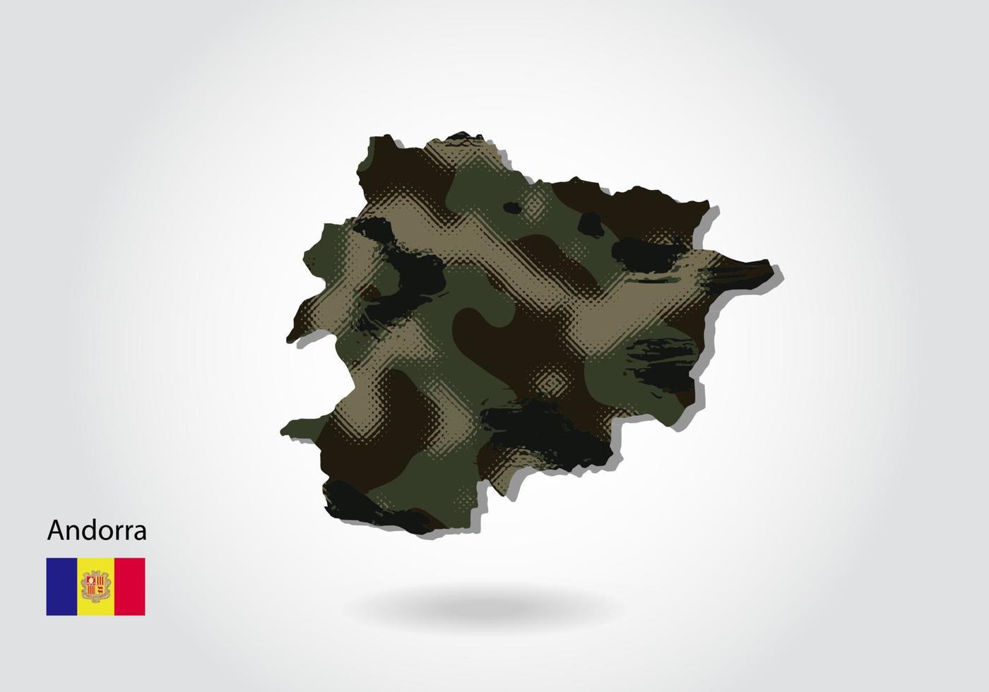 mapa de andorra con patrón de camuflaje, textura verde bosque en el mapa. concepto militar para ejército, soldado y guerra. escudo de armas, bandera. vector