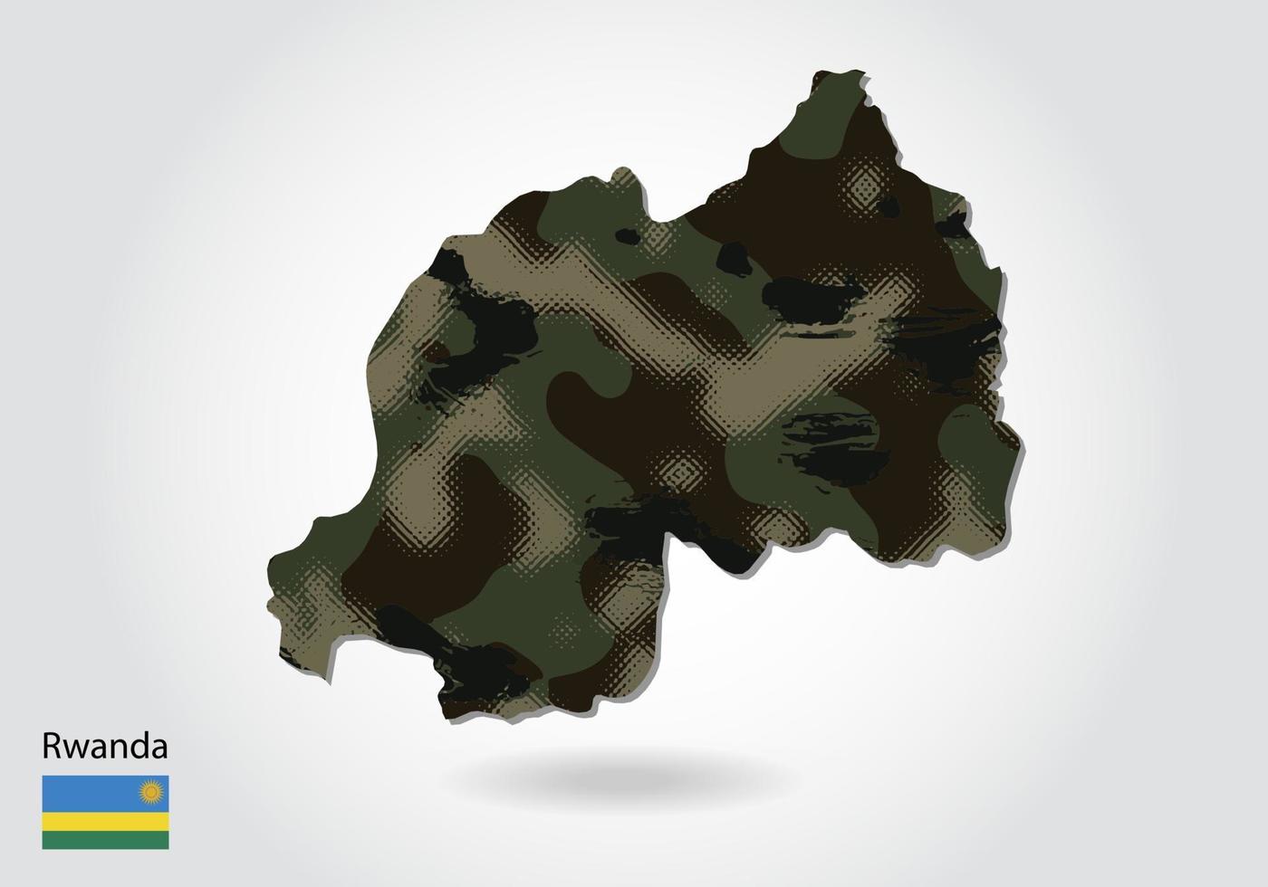 mapa de ruanda con patrón de camuflaje, bosque - textura verde en el mapa. concepto militar para ejército, soldado y guerra. escudo de armas, bandera. vector