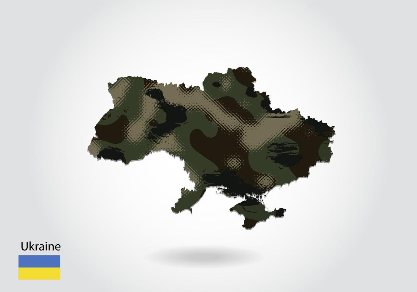 mapa de ucrania con patrón de camuflaje, bosque - textura verde en el mapa. concepto militar para ejército, soldado y guerra. escudo de armas, bandera. vector