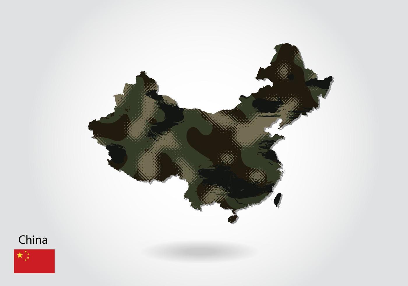 mapa de china con patrón de camuflaje, bosque - textura verde en el mapa. concepto militar para ejército, soldado y guerra. escudo de armas, bandera. vector