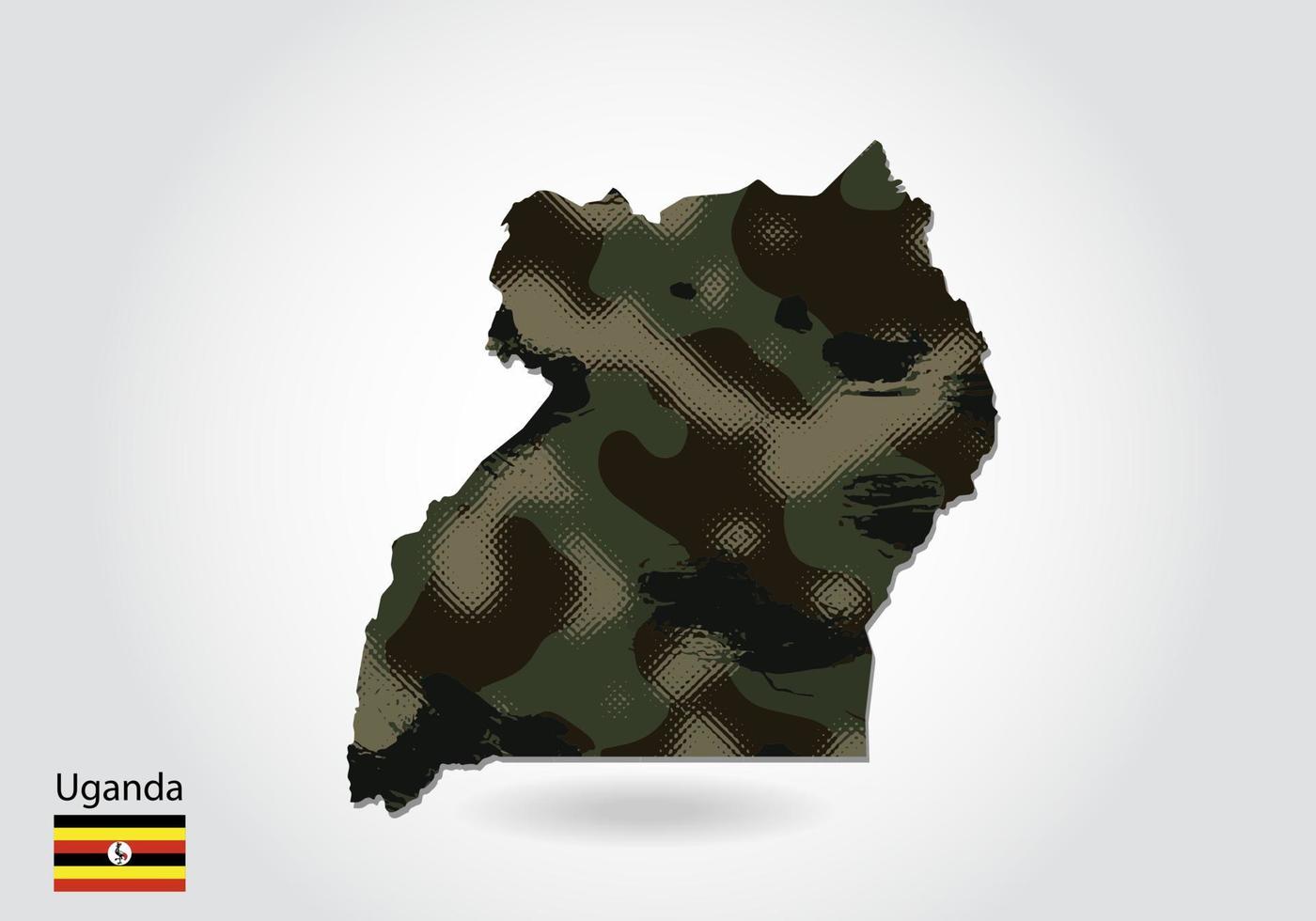 mapa de uganda con patrón de camuflaje, bosque - textura verde en el mapa. concepto militar para ejército, soldado y guerra. escudo de armas, bandera. vector