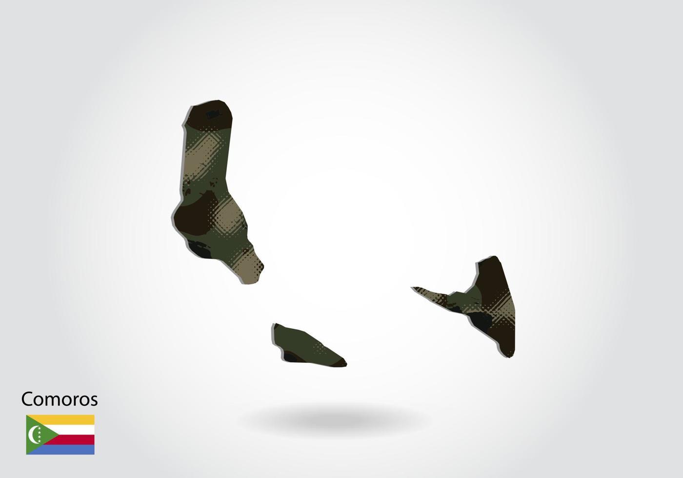 comoros map with camouflage pattern, Forest - green texture in map. Military concept for army, soldier and war. coat of arms, flag. vector