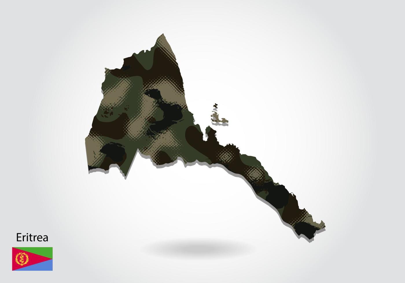 mapa de eritrea con patrón de camuflaje, bosque - textura verde en el mapa. concepto militar para ejército, soldado y guerra. escudo de armas, bandera. vector