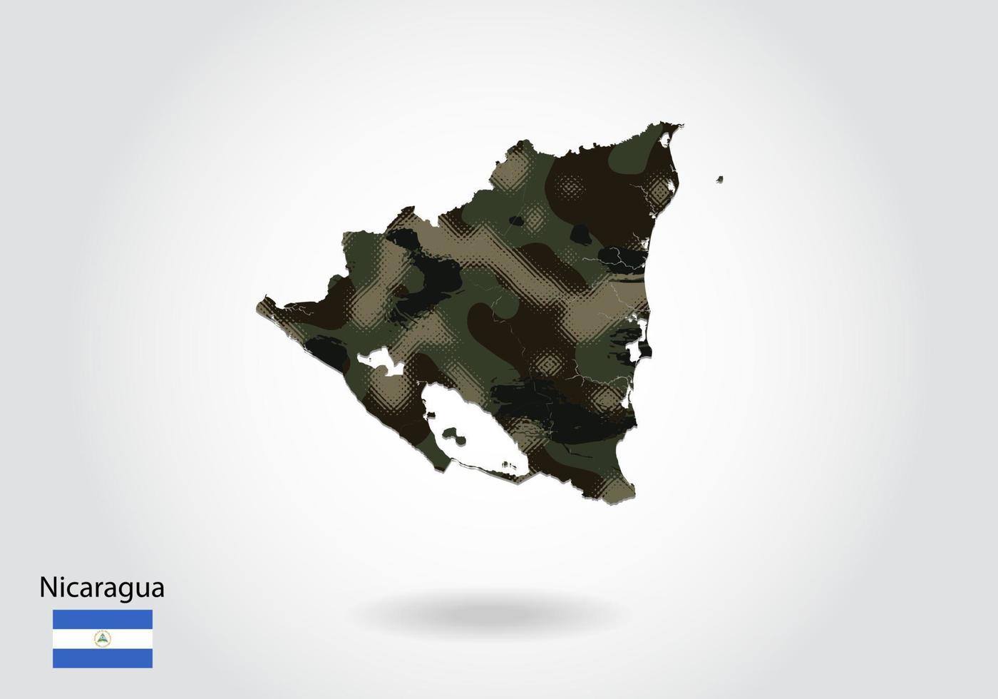 mapa de nicaragua con patrón de camuflaje, bosque - textura verde en el mapa. concepto militar para ejército, soldado y guerra. escudo de armas, bandera. vector
