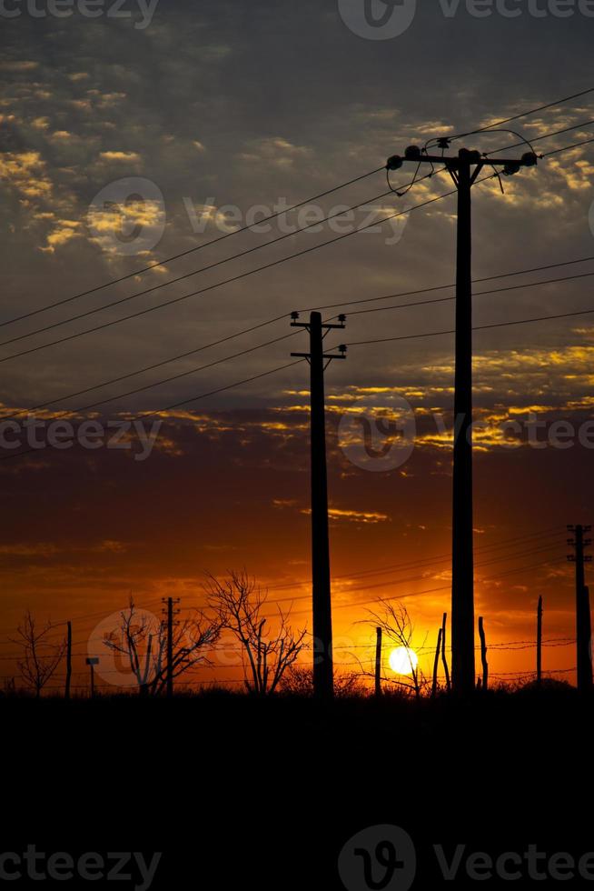 Silhouette of power lines in front of setting sun photo