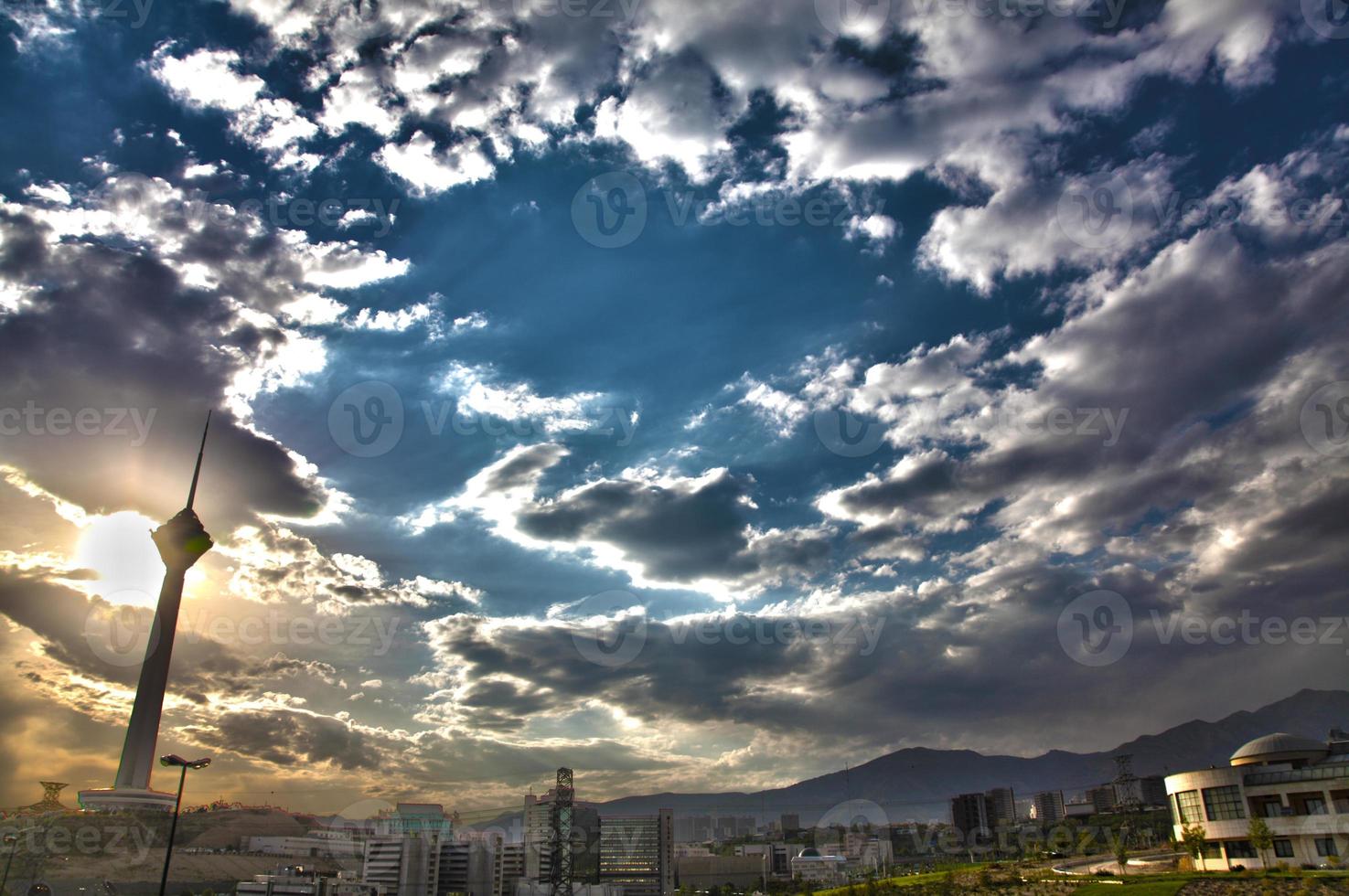 Sun setting in Tehran, High contrast unrealistic HDR photo
