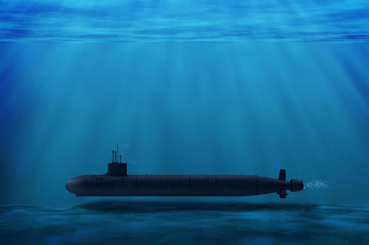 3d ilustración de un submarino nuclear en las profundidades del mar, se está moviendo hacia su destino en el océano azul, submarinos en la soberanía y seguridad marítima del país, y guerra de buques de guerra navales. foto